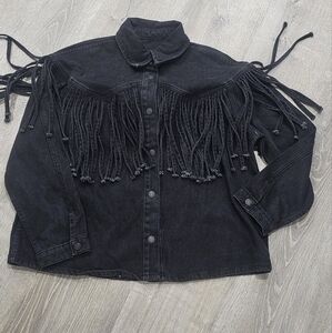 Piombo Black Fringe Jean Jacket Coat Long Sleeve Outterwear Buttonup Shirt NEW